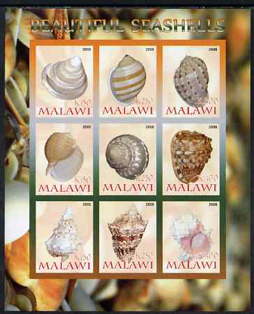 Malawi 2008 Sea Shells imperf sheetlet containing 9 values unmounted mint, stamps on shells, stamps on marine life