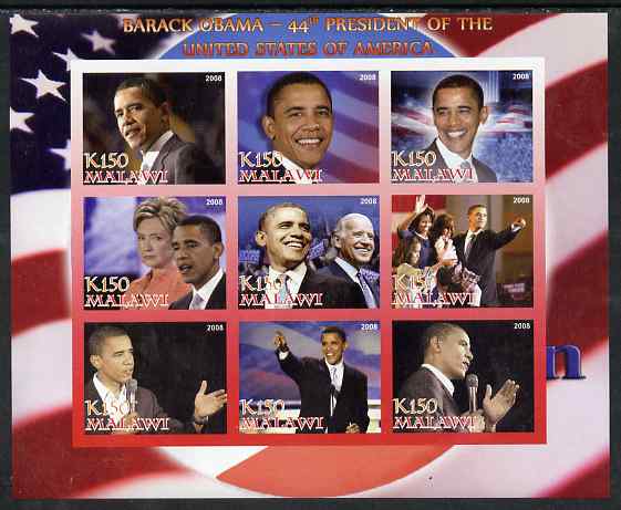 Malawi 2008 Barack Obama - 44th President of the USA imperf sheetlet containing 9 values unmounted mint, stamps on personalities, stamps on obama, stamps on usa presidents, stamps on constitutions, stamps on americana