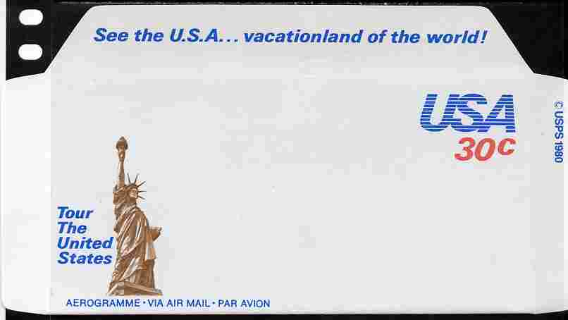 Aerogramme - United States 1980 Vacationland of the World 30c air-letter sheet (Statue of Liberty in brown) folded along fold lines otherwise unused and fine, stamps on statue of liberty, stamps on tourism, stamps on ships, stamps on bridges, stamps on 