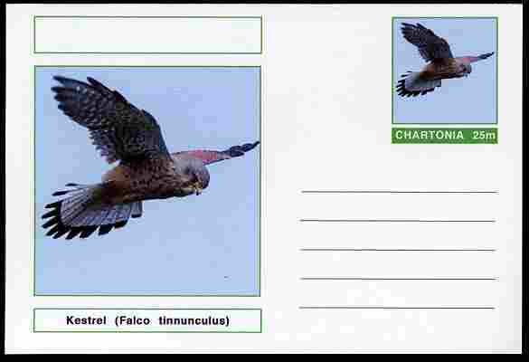 Chartonia (Fantasy) Birds - Kestrel (Falco tinnunculus) postal stationery card unused and fine, stamps on birds, stamps on birds of prey, stamps on falcons