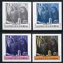 Equatorial Guinea 1977 Birds EK5 (Starlings) set of 4 imperf progressive proofs on ungummed paper comprising 1, 2, 3 and all 4 colours (as Mi 1207), stamps on birds      starling