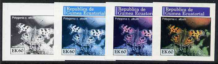 Equatorial Guinea 1976 Butterflies EK60 (Polygonia c. album) set of 4 imperf progressive proofs on ungummed paper comprising 1, 2, 3 and all 4 colours (as Mi 970) , stamps on butterflies