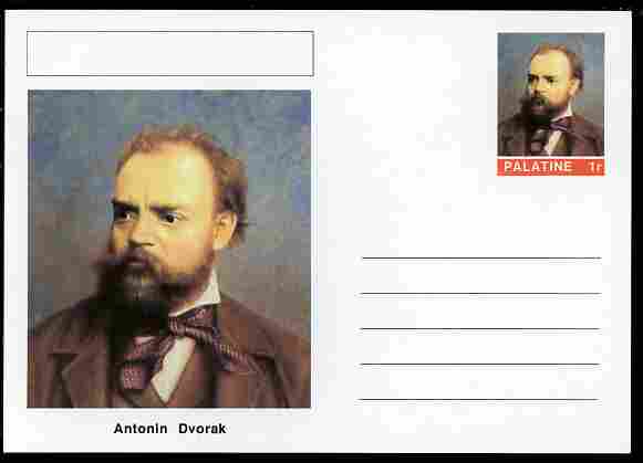 Palatine (Fantasy) Personalities - Antonin Dvorak (composer) postal stationery card unused and fine, stamps on personalities, stamps on music, stamps on composers