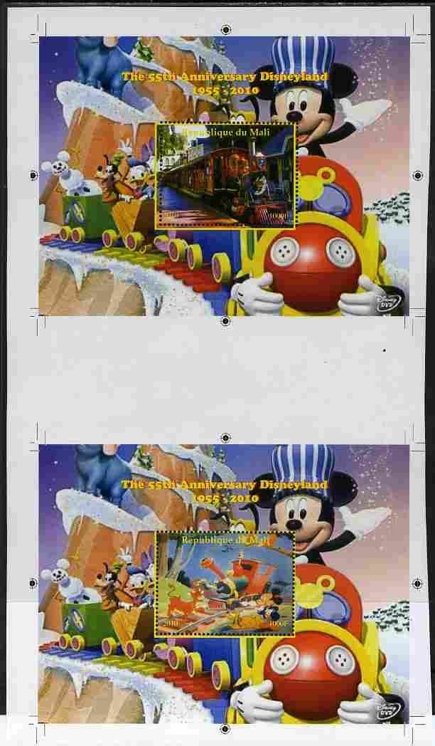 Mali 2010 The 55th Anniversary of Disneyland - Mickey Mouse Railway s/sheets #01 & #08 se-tenant from uncut perf proof sheet (2 exist) unmounted mint, stamps on disney, stamps on films, stamps on cinema, stamps on movies, stamps on cartoons, stamps on railways