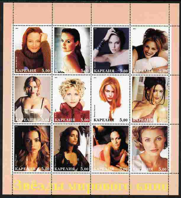 Karjala Republic 2001 Hollywood Actresses perf sheetlet containing 12 values unmounted mint, stamps on personalities, stamps on films, stamps on cinema, stamps on movies, stamps on women