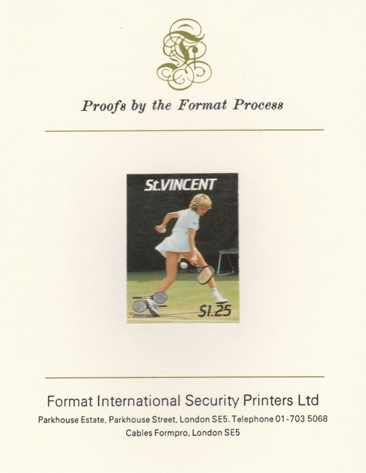 St Vincent 1987 International Tennis Players $1.25 Steffi Graf imperf mounted on Format International Proof Card, as SG 1061, stamps on , stamps on  stamps on personalities, stamps on  stamps on tennis, stamps on  stamps on sport