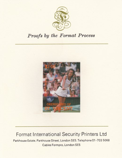 St Vincent - Grenadines 1988 International Tennis Players $1 Evonne Cawley imperf mounted on Format International Proof Card, as SG 585, stamps on personalities, stamps on tennis, stamps on sport