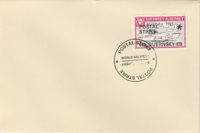 Guernsey - Alderney 1971 Postal Strike cover to Guernsey bearing Flying Boat Saro Cloud 3d overprinted Europa 1965 additionally overprinted 'POSTAL STRIKE VIA GUERNSEY Â£3' cancelled with World Delivery postmark, stamps on aviation, stamps on europa, stamps on strike, stamps on viscount