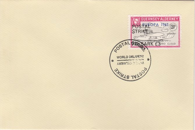 Guernsey - Alderney 1971 Postal Strike cover to Sark bearing Flying Boat Saro Cloud 3d overprinted Europa 1965 additionally overprinted 'POSTAL STRIKE VIA SARK Â£3' cancelled with World Delivery postmark, stamps on aviation, stamps on europa, stamps on strike, stamps on viscount