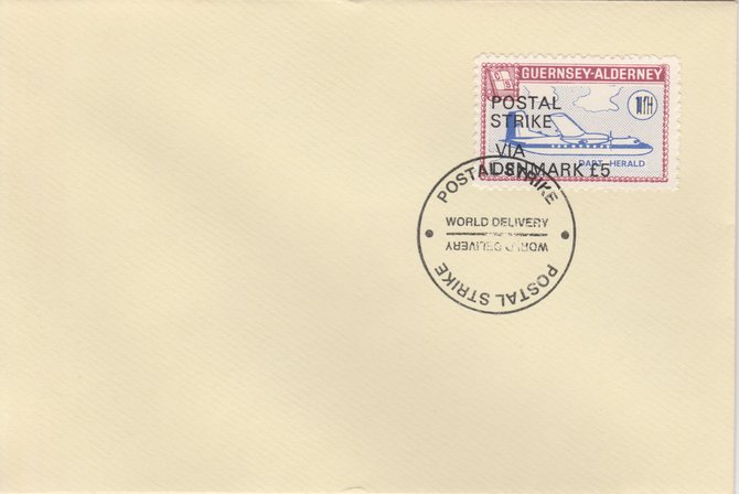 Guernsey - Alderney 1971 Postal Strike cover to Denmark bearing 1967 Dart Herald 1s overprinted 'POSTAL STRIKE VIA DENMARK Â£5' cancelled with World Delivery postmark, stamps on aviation, stamps on europa, stamps on strike, stamps on viscount