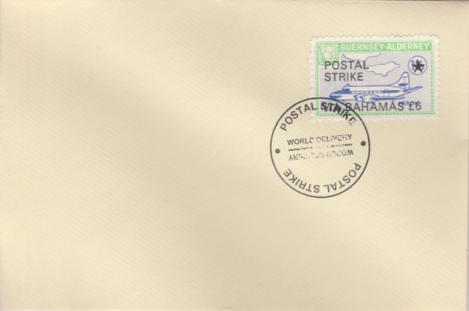 Guernsey - Alderney 1971 Postal Strike cover to Bahamas bearing 1967 Heron 1s6d overprinted POSTAL STRIKE VIA BAHAMAS Â£6 cancelled with World Delivery postmark, stamps on aviation, stamps on europa, stamps on strike, stamps on viscount