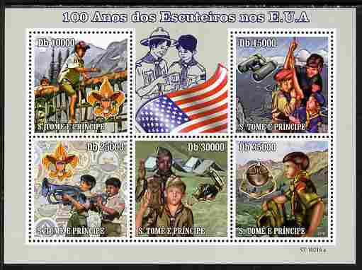 St Thomas & Prince Islands 2010 Centenary of Scouting in America perf sheetlet containing 5 values unmounted mint , stamps on , stamps on  stamps on scouts, stamps on  stamps on flags, stamps on  stamps on music, stamps on  stamps on americana