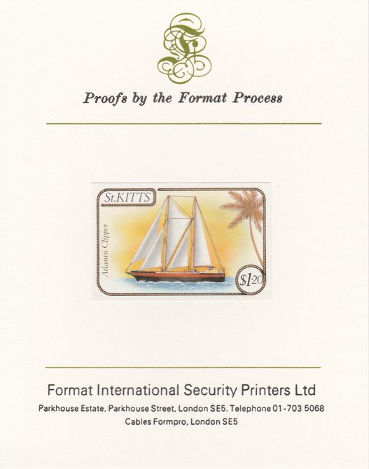 St Kitts 1985 Ships $1.20 (Atlantic Clipper Schooner) imperf proof mounted on Format International proof card, as SG 174, stamps on ships