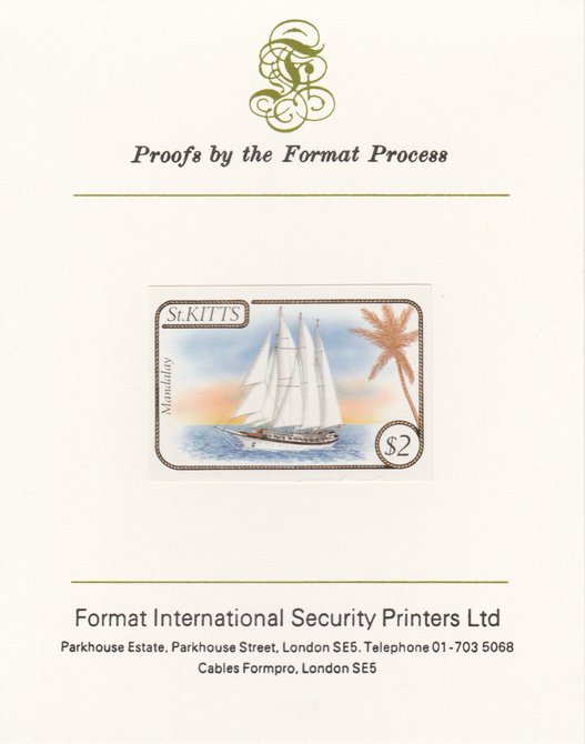 St Kitts 1985 Ships $2 (Schooner Mandalay) imperf proof mounted on Format International proof card, as SG 175, stamps on ships
