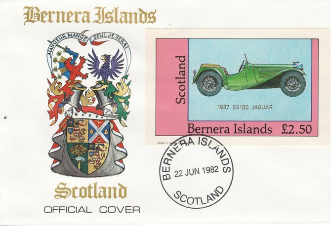 Bernera 1982 Sports Cars - 1937 SS100 Jaguar imperf Â£2.50 on official cover with first day cancel, stamps on cars     sport    alfa romeo     mgb   morgan       mercedes    jaguar, stamps on  mg , stamps on 