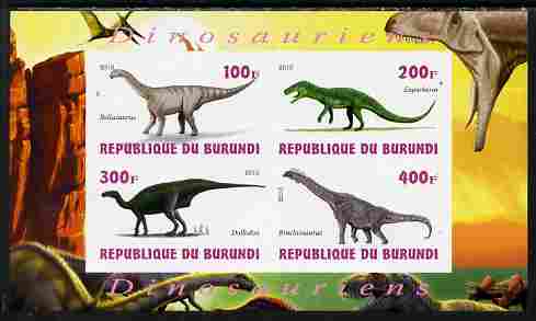 Burundi 2010 Dinosaurs #3 imperf sheetlet containing 4 values unmounted mint, stamps on dinosaurs
