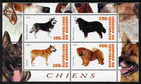 Burundi 2010 Dogs #5 perf sheetlet containing 4 values unmounted mint, stamps on dogs