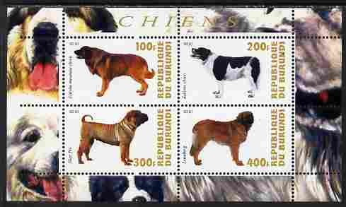 Burundi 2010 Dogs #7 perf sheetlet containing 4 values unmounted mint, stamps on dogs