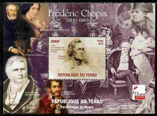 Chad 2010 200th Birth Anniversary of Chopin #3 perf souvenir sheet unmounted mint. Note this item is privately produced and is offered purely on its thematic appeal, stamps on personalities, stamps on chopin, stamps on music, stamps on composers, stamps on 