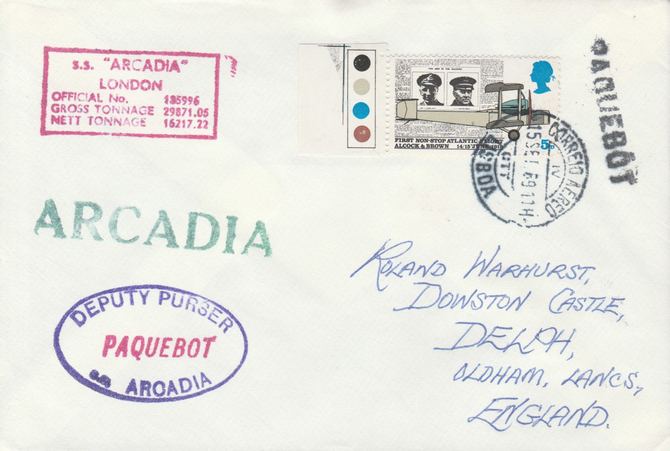 Great Britain used in Lisbon (Portugal) 1968 Paquebot cover to England carried on SS Arcadia with various paquebot and ships cachets, stamps on paquebot