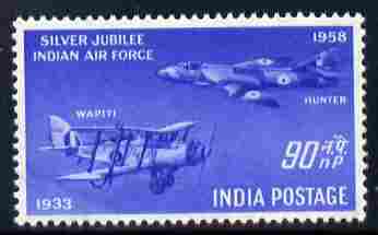 India 1958 Silver Jubilee of Indian Air Force 90np unmounted mint SG 398, stamps on aviation
