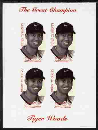 Somaliland 2000 Tiger Woods (The Great Champion) imperf sheetlet containing 4 x 12,000sl values unmounted mint. Note this item is privately produced and is offered purely on its thematic appeal, stamps on personalities, stamps on sport, stamps on golf