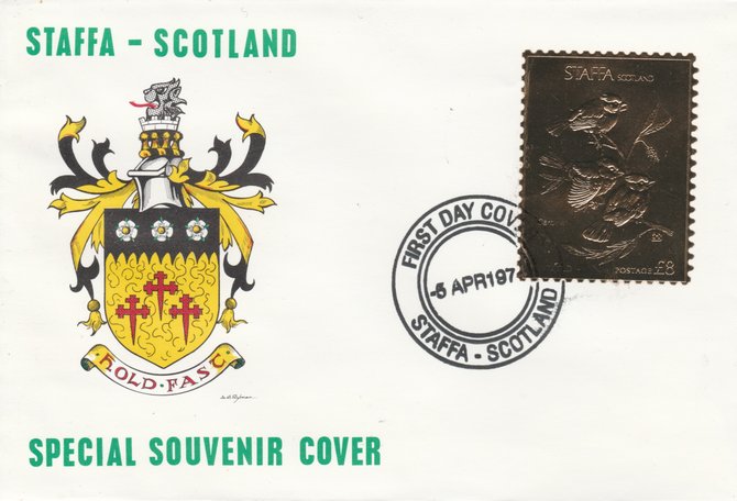 Staffa 1976 Cardinal (Male) \A38 value perforated & embossed in 23 carat gold foil on souvenir cover with first day cancel (Rosen 284a), stamps on birds    cardinal