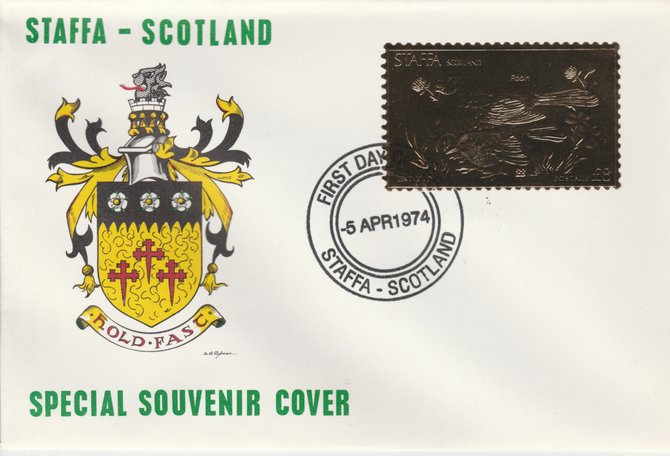 Staffa 1976 Robin (Female) \A38 value perforated & embossed in 23 carat gold foil on souvenir cover with first day cancel (Rosen 289b), stamps on birds    robin