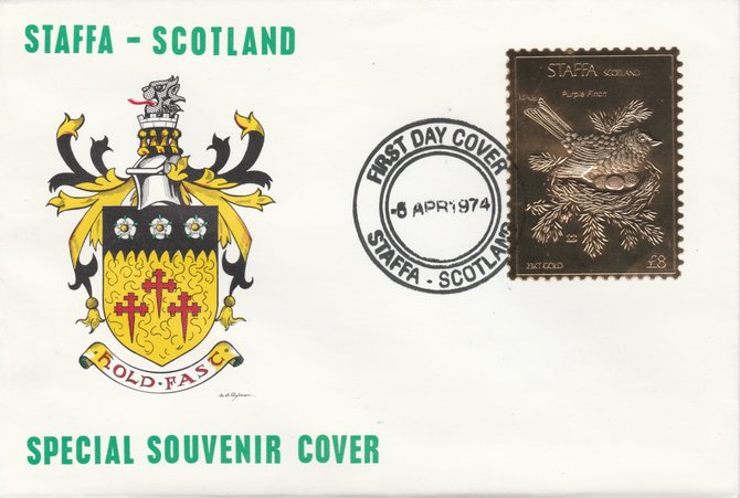 Staffa 1976 Purple Finch (Male) \A38 value perforated & embossed in 23 carat gold foil on souvenir cover with first day cancel (Rosen 296a), stamps on birds    finch