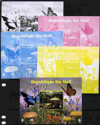 Mali 2010 Fungi #6 s/sheet with Butterflies & Scouts Logo - the set of 5 progressive proofs comprising the 4 individual colours (imperf) plus all 4-colour composite (perf) unmounted mint, stamps on fungi, stamps on butterflies, stamps on scouts
