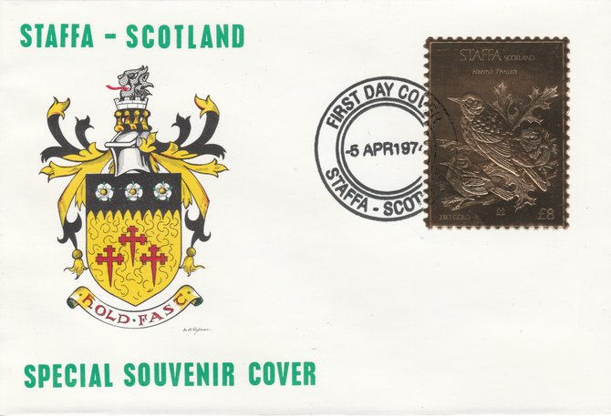 Staffa 1976 Hermit Thrush (Female) \A38 value perforated & embossed in 23 carat gold foil on souvenir cover with first day cancel (Rosen 310b), stamps on birds    thrush