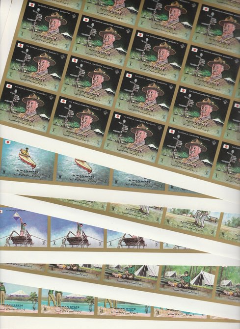 Ajman 1971 Scouts imperf set of 6 in complete sheets of 25, superb unmounted mint, Mi 1047-52B. NOTE - this item has been selected for a special offer with the price significantly reduced, stamps on , stamps on  stamps on scouts      mountains
