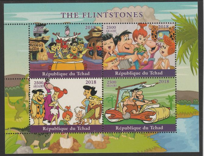 Chad 2018 The Flintstones perf sheetlet containing 4 values unmounted mint. Note this item is privately produced and is offered purely on its thematic appeal, it has no postal validity, stamps on films, stamps on movies, stamps on cinema, stamps on  tv , stamps on cartoons