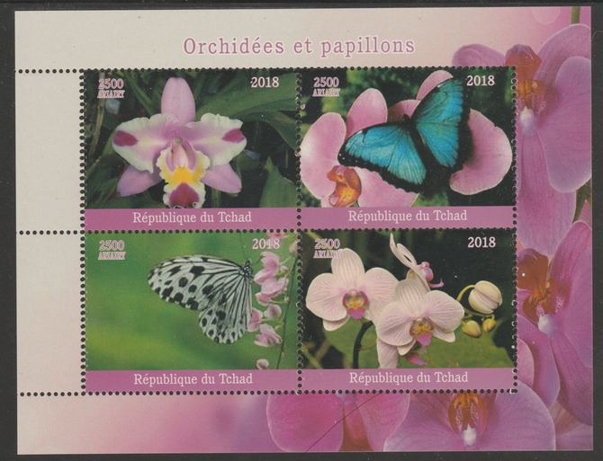 Chad 2018 Orchids & Butterflies perf sheetlet containing 4 values unmounted mint. Note this item is privately produced and is offered purely on its thematic appeal, it has no postal validity, stamps on flowers, stamps on orchids, stamps on butterflies