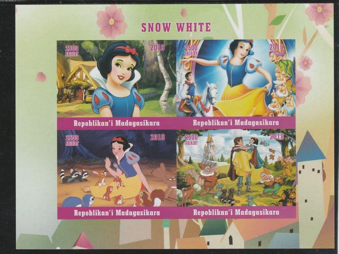 Madagascar 2018 Snow White imperf sheetlet containing 4 values unmounted mint. Note this item is privately produced and is offered purely on its thematic appeal., stamps on , stamps on  stamps on fulms, stamps on  stamps on , stamps on  stamps on  cinema, stamps on  stamps on movis, stamps on  stamps on cartoons, stamps on  stamps on disney