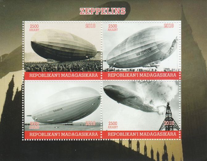 Madagascar 2018 Zeppelins perf sheetlet containing 4 values unmounted mint. Note this item is privately produced and is offered purely on its thematic appeal., stamps on aviation, stamps on airshis, stamps on zeppelins
