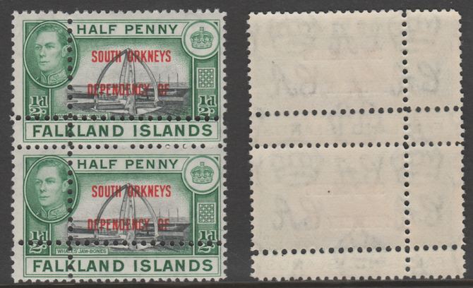 Falkland Islands Dependencies - South Orkneys 1944 KG6 1/2d black & green jnmounted mint vertical pair with perforations doubled (stamps are quartered). Note: the stamps are genuine but the additional perfs are a slightly different gauge identifying it to be a forgery., stamps on , stamps on  kg6 , stamps on whales