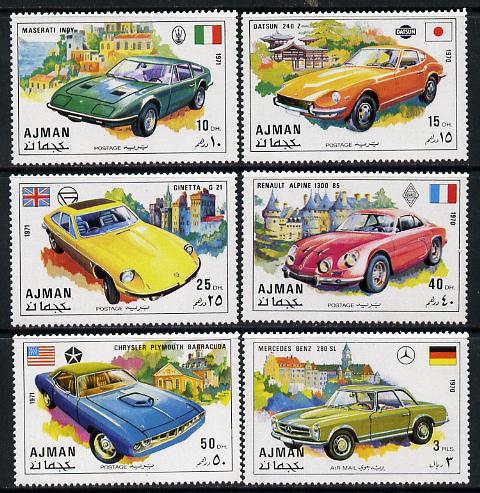 Ajman 1971 Cars set of 6 unmounted mint, Mi 956-61, stamps on cars    maserati     mercedes benz    ginetta    renault    chrysler     datsun