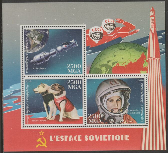 Madagascar 2016 Russian Space perf sheet containing three values unmounted mint, stamps on , stamps on  stamps on personalities, stamps on  stamps on dogs, stamps on  stamps on apollo, stamps on  stamps on soyuz
