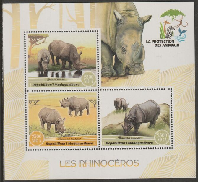 Madagascar 2017 Rhinos perf sheet containing three values unmounted mint, stamps on , stamps on  stamps on animals, stamps on  stamps on rhinos