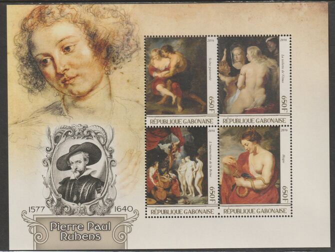 Gabon 2016 Peter Paul Rubens perf sheet containing four values unmounted mint, stamps on personalities, stamps on arts, stamps on rubens, stamps on nudes