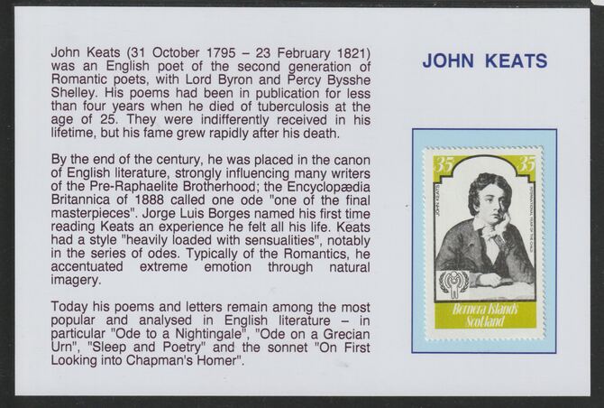 Bernera 1979 Int Year of the Child - Writers - John Keats 35p  mounted on glossy card with historical notes - privately produced 150mm x 100mm, stamps on , stamps on  stamps on children, stamps on  stamps on  iyc , stamps on  stamps on literature, stamps on  stamps on keats