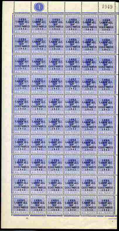 Bahamas 1942 KG6 Landfall of Columbus 2.5d ultramarine complete left pane of 60 including plate varieties R1/1 & R10/1 (Damaged corners) plus overprint varieties R1/2 (Flaw in N), R1/4 (Damaged top of L), R2/4 (Broken F), R3/2 (Flaw in second U), R8/2 (Flaw in S), R8/5 (Flaw in D), R8/6 (Broken 2) and R10/4 (Flaw on O) among others, a few split perfs otherwise fine unmounted mint, stamps on , stamps on  stamps on , stamps on  stamps on  kg6 , stamps on  stamps on varieties, stamps on  stamps on columbus, stamps on  stamps on explorers