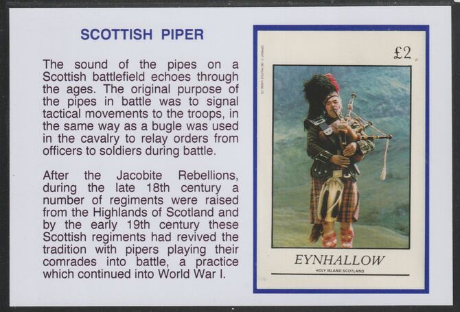 Eynhallow 1982 Scottish Piper Â£2 deluxe sheet mounted on glossy card with historical notes - privately produced 150mm x 100mm, stamps on cultures, stamps on uniforms, stamps on music, stamps on bagpipes