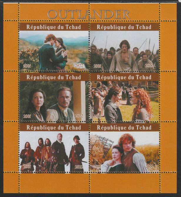 Chad 2022 Outlander (TV Series) perf sheetlet containing  set of 6 values unmounted mint, privately produced offered purely on its thematic appeal, stamps on , stamps on  tv , stamps on films, stamps on movies, stamps on cinema, stamps on outlander