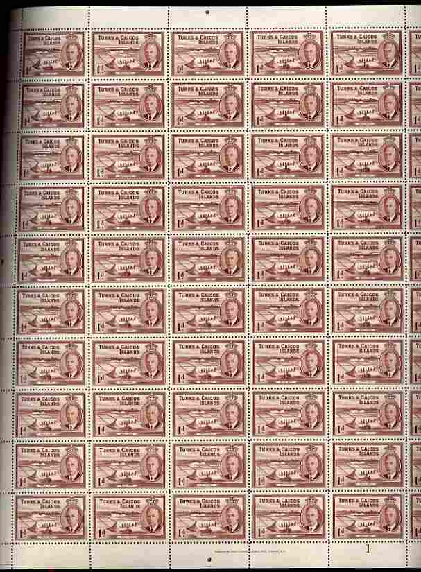 Turks & Caicos Islands 1950 KG6 Salt Cay 1d red-brown in complete sheet of 60 folded but unmounted mint, SG 222, stamps on salt, stamps on herbs, stamps on spices, stamps on food, stamps on , stamps on  kg6 , stamps on , stamps on minerals