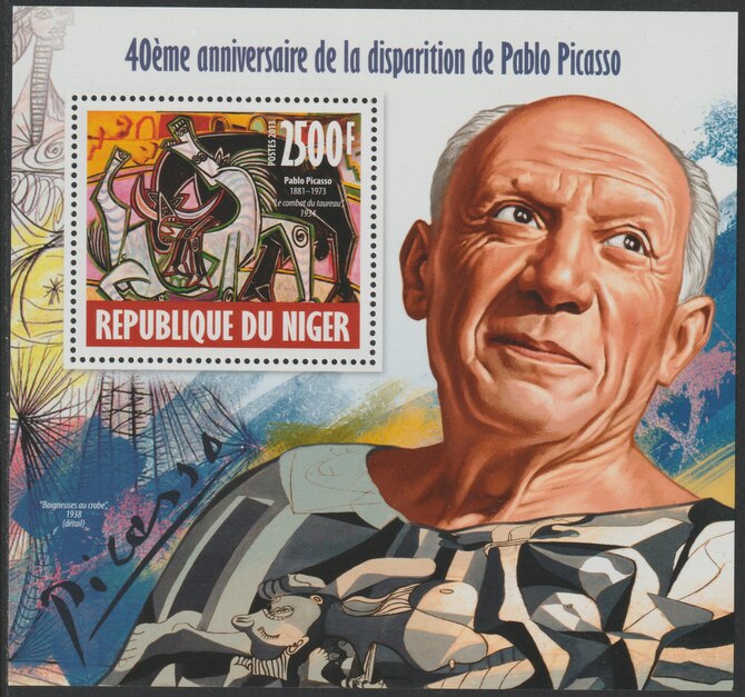 Niger Republic 2013 Pablo Picasso perf souvenir sheet containing one value unmounted mint, stamps on , stamps on  stamps on personalities, stamps on  stamps on picasso, stamps on  stamps on arts
