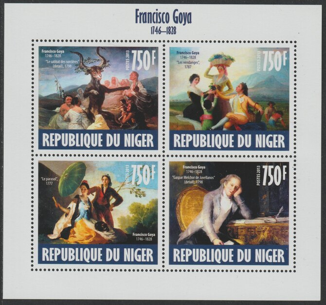 Niger Republic 2013 Francisco Goya perf sheet containing 4 values unmounted mint, stamps on , stamps on  stamps on personalities, stamps on  stamps on arts, stamps on  stamps on goya