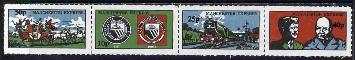 Cinderella - Manchester Express 1971 se-tenant rouletted strip of 4 values in \A3p (decimal) on ungummed paper, stamps on cinderella, stamps on coaches, stamps on postal, stamps on football, stamps on railways, stamps on personalities, stamps on kennedy, stamps on usa presidents, stamps on americana, stamps on churchill, stamps on constitutions, stamps on  ww2 , stamps on masonry, stamps on masonics, stamps on 