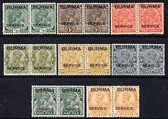 Burma 1937 KG5 Official stamps set of 8 values to 6as in mounted mint or unmounted mint horiz pairs, SG O1-O8 cat \A389, stamps on , stamps on  kg5 , stamps on 